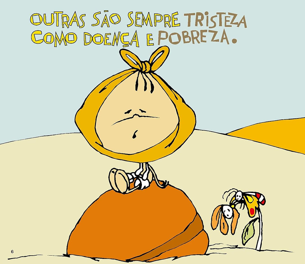 Miniatura: Página do livro infantil “O Menino que Descobriu as Palavras” com menino triste sentado e flores murchas