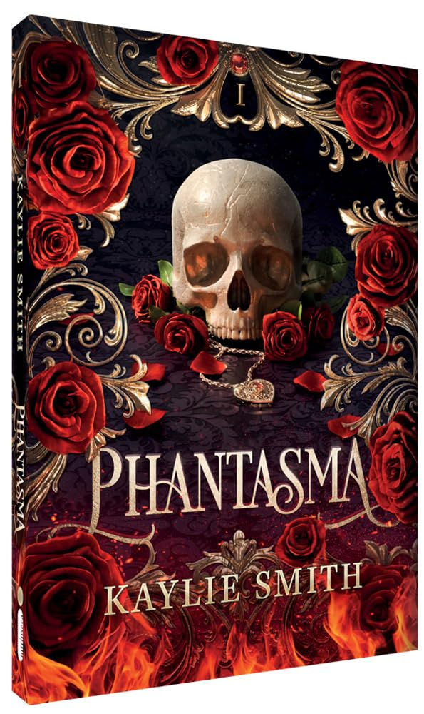 Livro Phantasma – Kaylie Smith. Capa em estilo gótico com rosas vermelhas, colar e caveira. Volume 1 da série Jogos Perversos