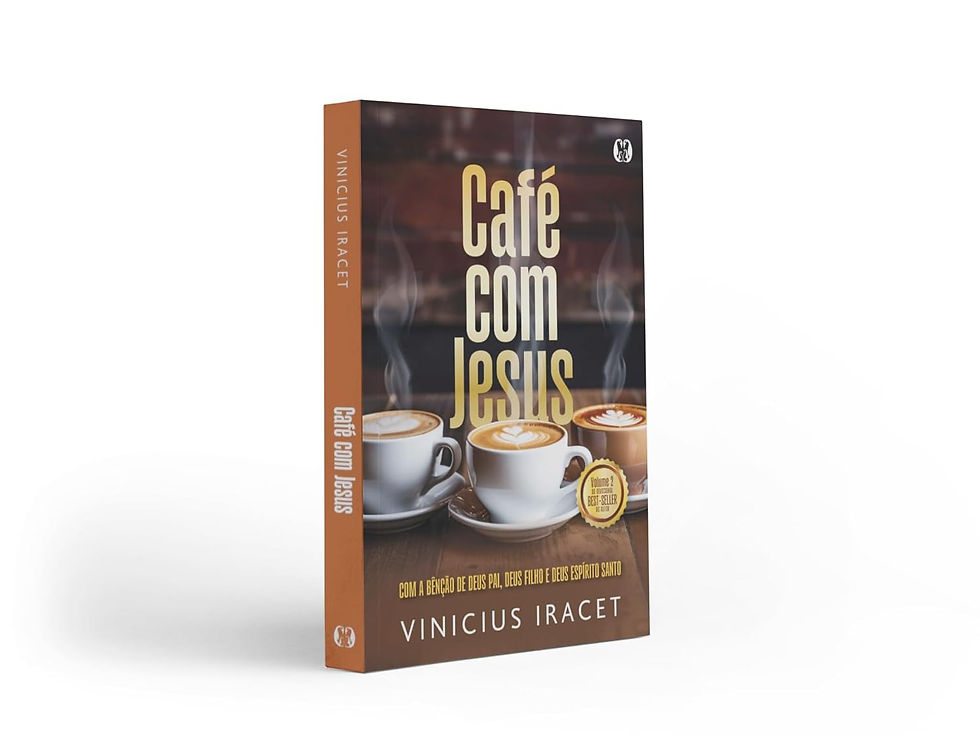 Miniatura: Vista lateral do livro Café com Jesus de Vinícius Iracet. Devocional diário com versículos bíblicos e reflexões cristãs.