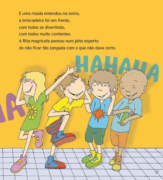 Miniatura: Página interna com Rita e outras quatro crianças sorrindo e brincando juntas, rindo com a palavra “HAHAHA” ao fundo