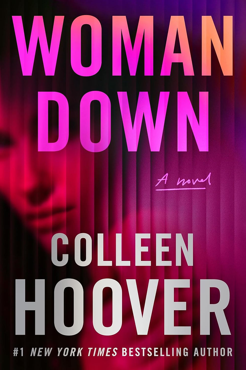 Capa do livro Woman Down de Colleen Hoover, com fundo em tons de vermelho e roxo e título em letras grandes rosa e laranja.