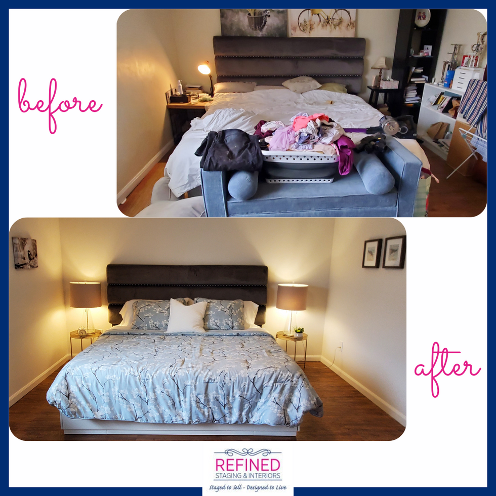 Staged primary bedroom - before & after