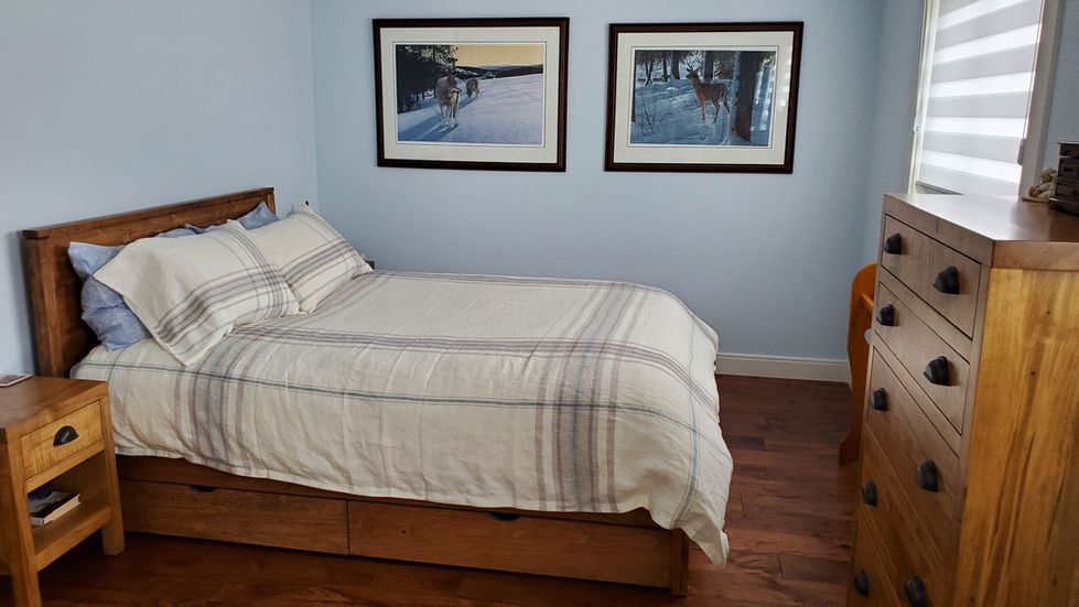 Wood storage bed, new paint colour and new custom Canadian-made solid wood chests of drawers, new beige and blue bedding