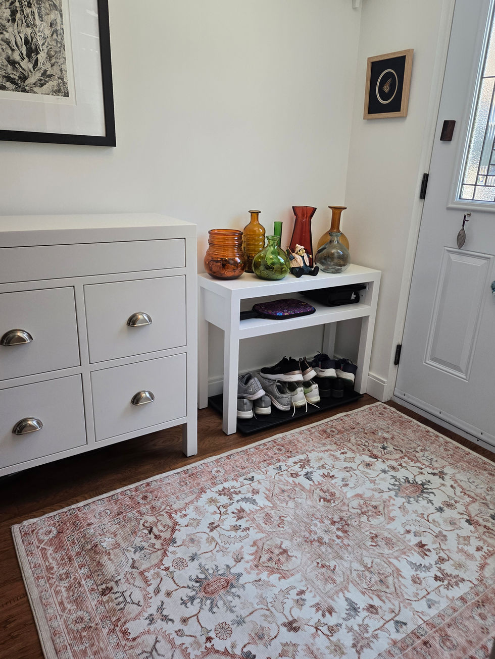 Entryway Refresh - new entryway rug, new stained glass ceiling light and custom Canadian-made solid wood storage cabinets