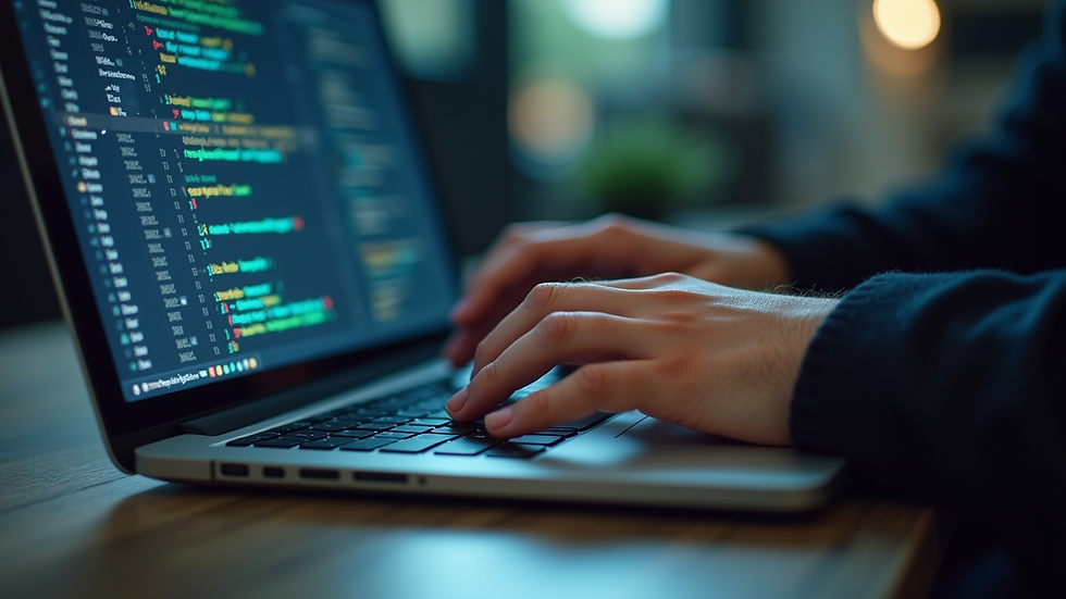 Close-up view of a developer coding on a laptop
