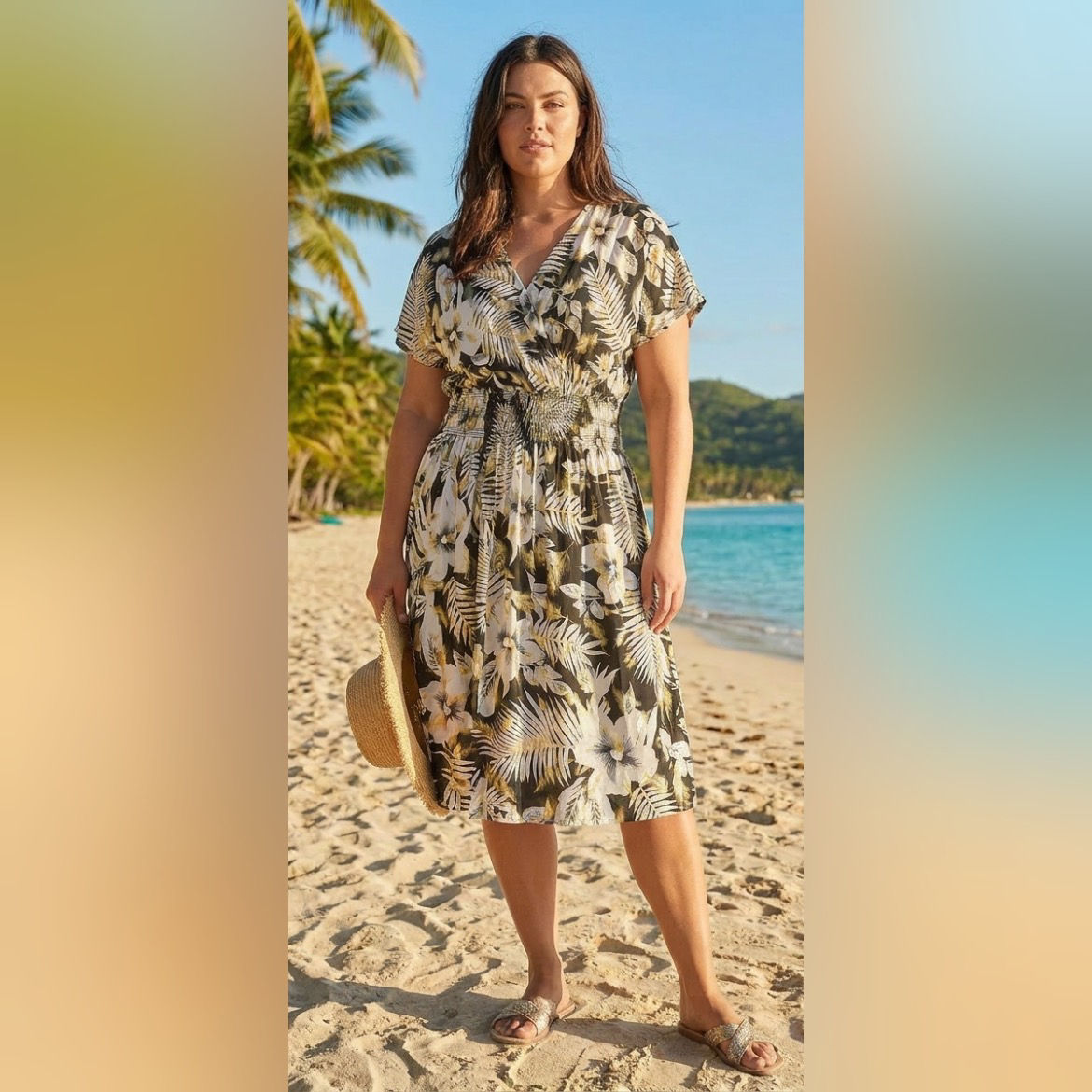 Slinky Short Sleeved Dress (8-20) Black/White Leaves