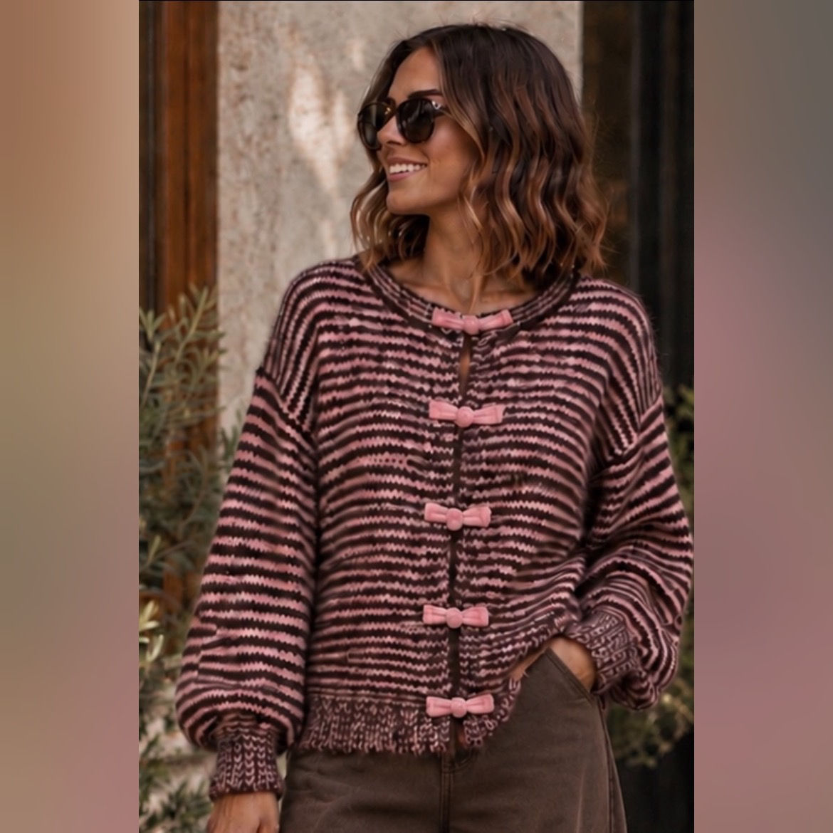 Missy Striped Cardigan (8-18) Pink/Chocolate