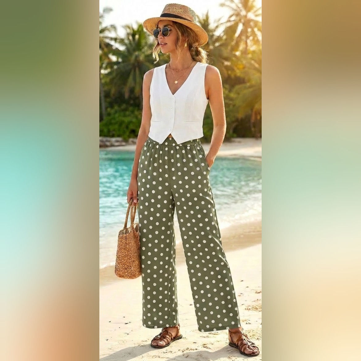 Slinky Polka Dot Trousers (8-16) Khaki/White