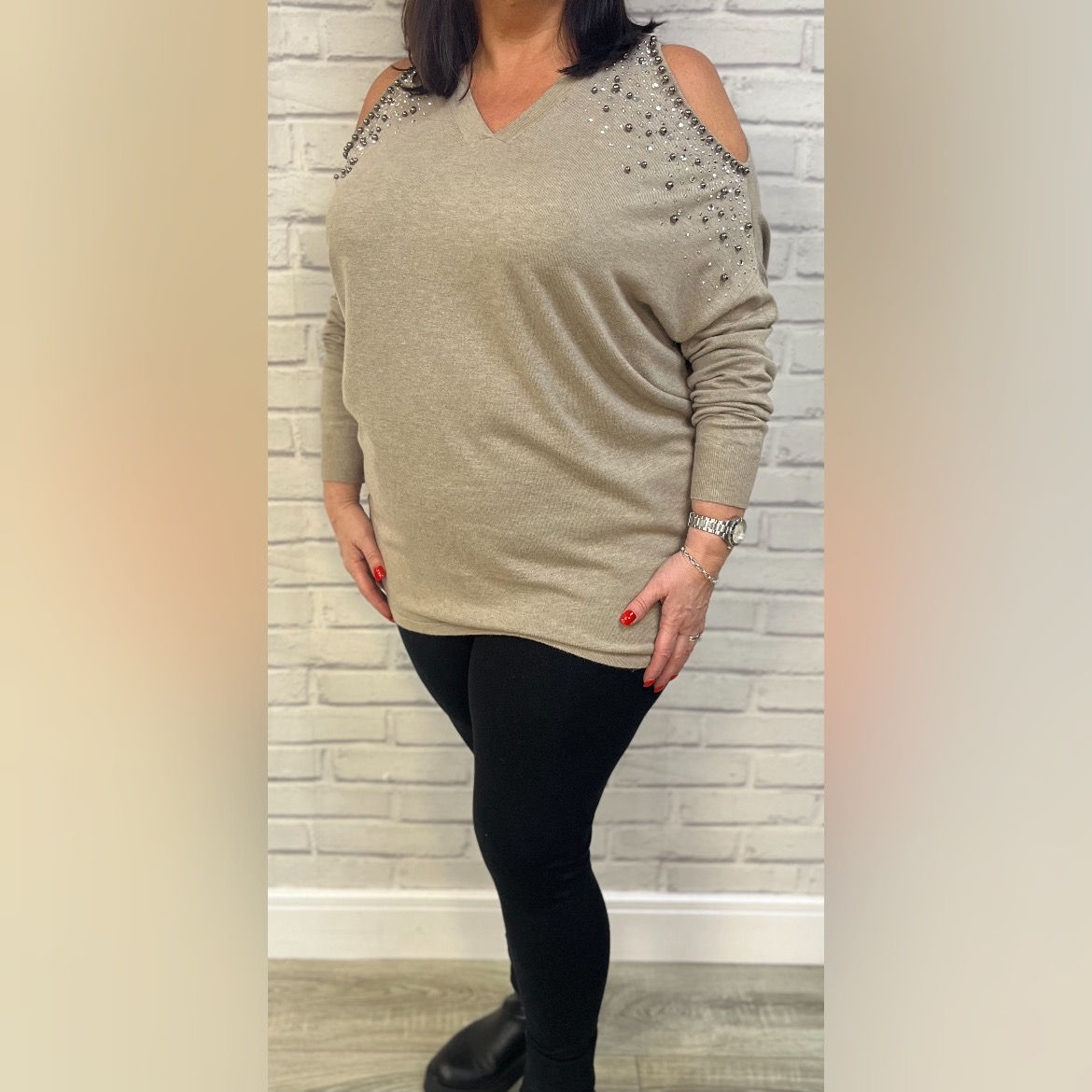 Cara Cold Shoulder Knit ( 10-18) Stone 