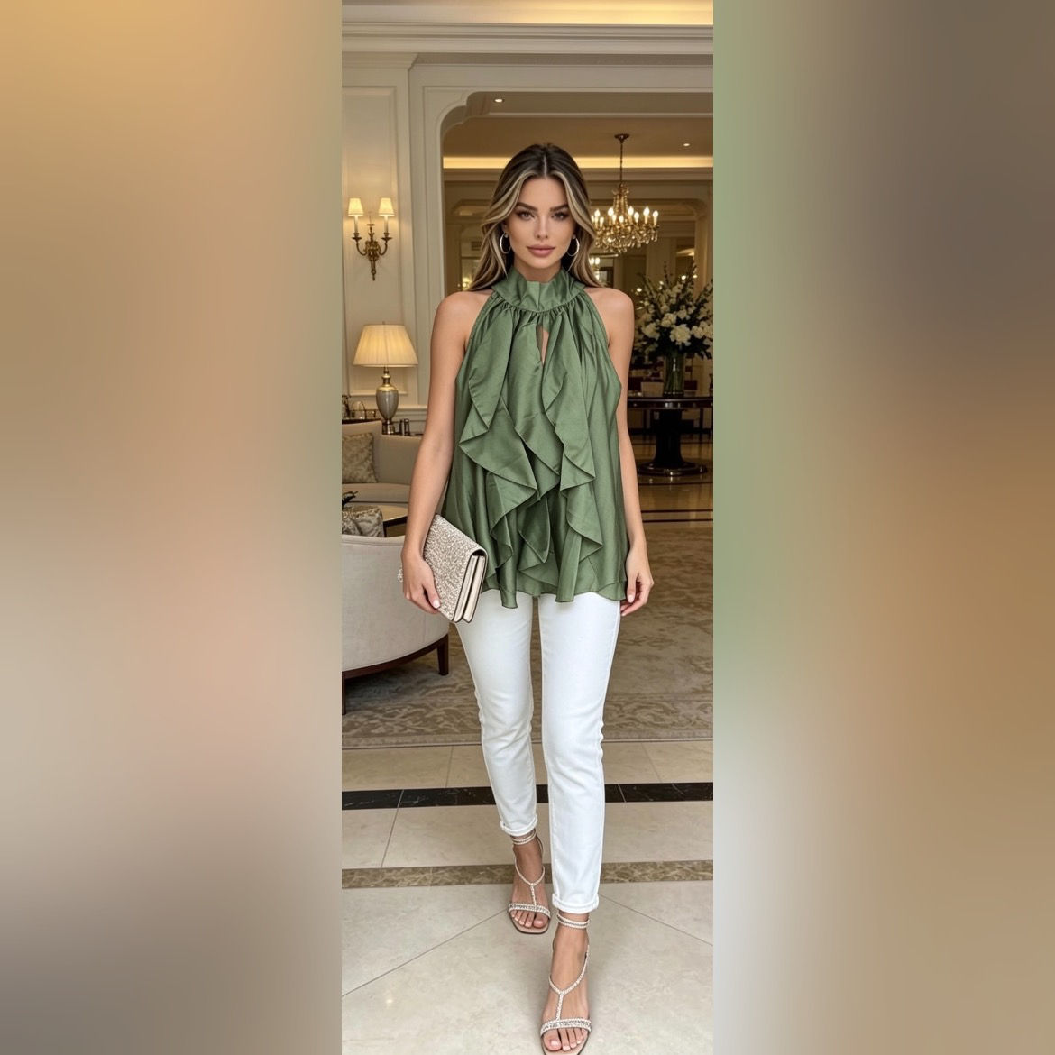 Frill Front Alter Neck Blouse  (8-18) Khaki