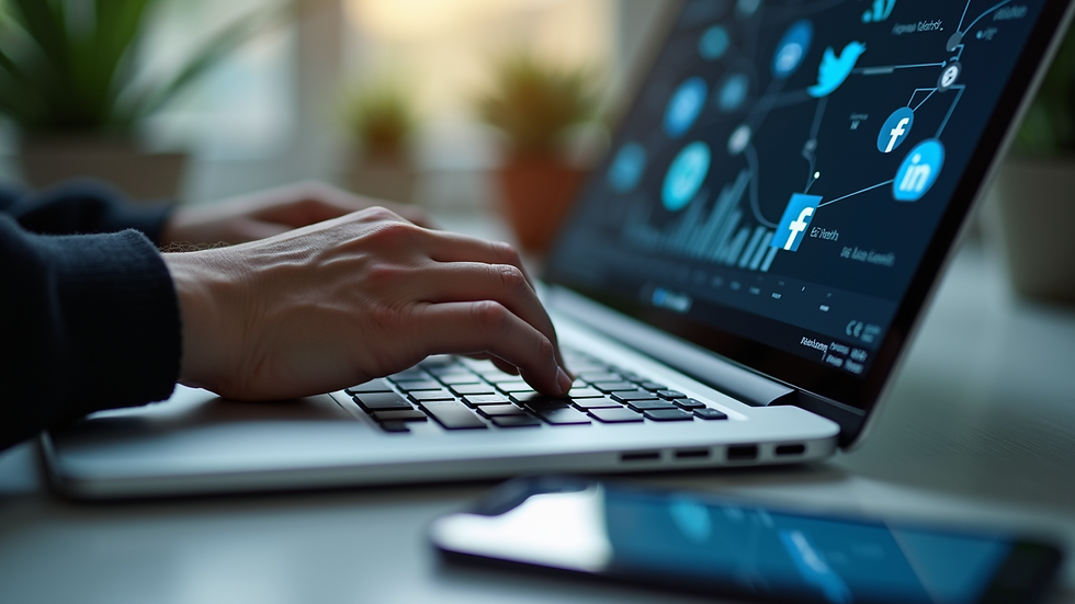 Close-up view of a person working on a laptop with social media icons on the screen