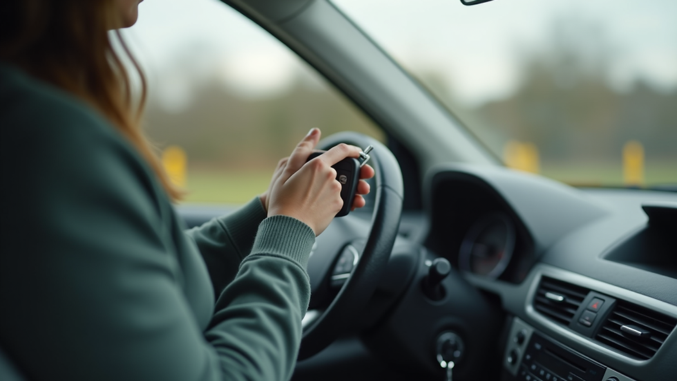 Close-up view of a learner driver holding a car key outside a driving test centre