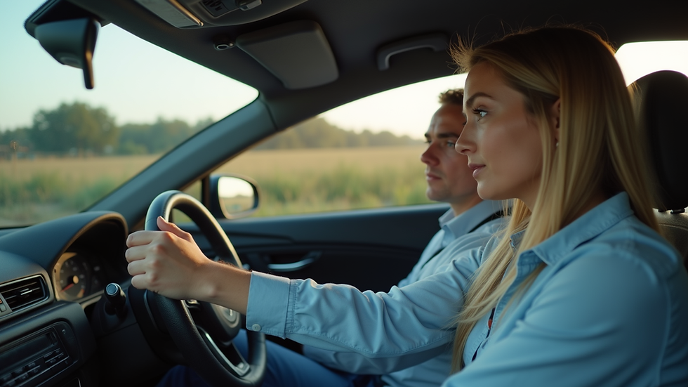 Eye-level view of a driving instructor teaching a student in a car