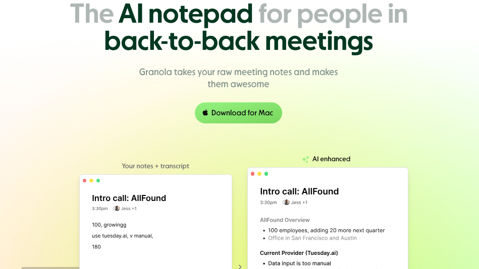 A photo of the granola web page showing notes transcribed and searched