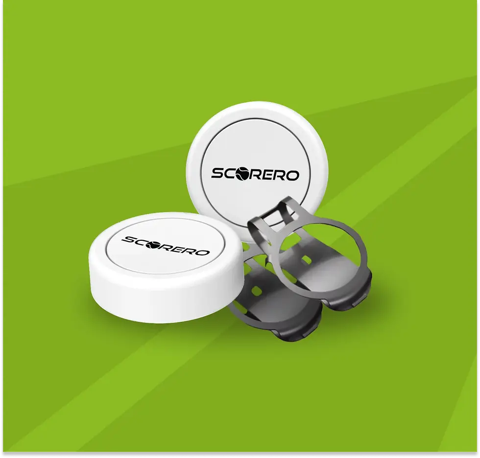 Scorero bundle consisting of two smart buttons and two clips on a green background