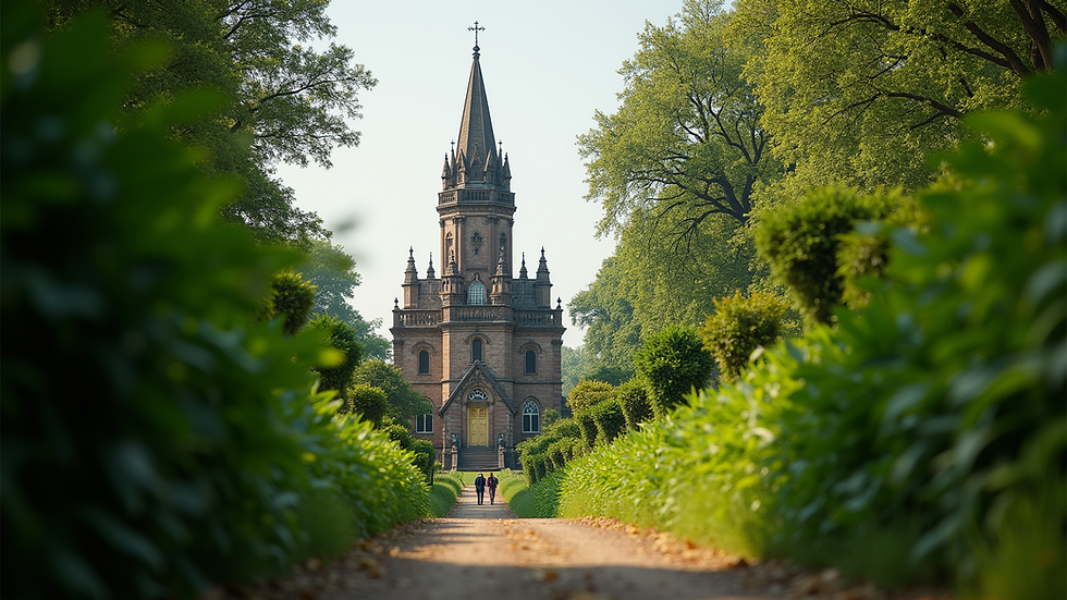 Eye-level view of a historical monument surrounded by greenery