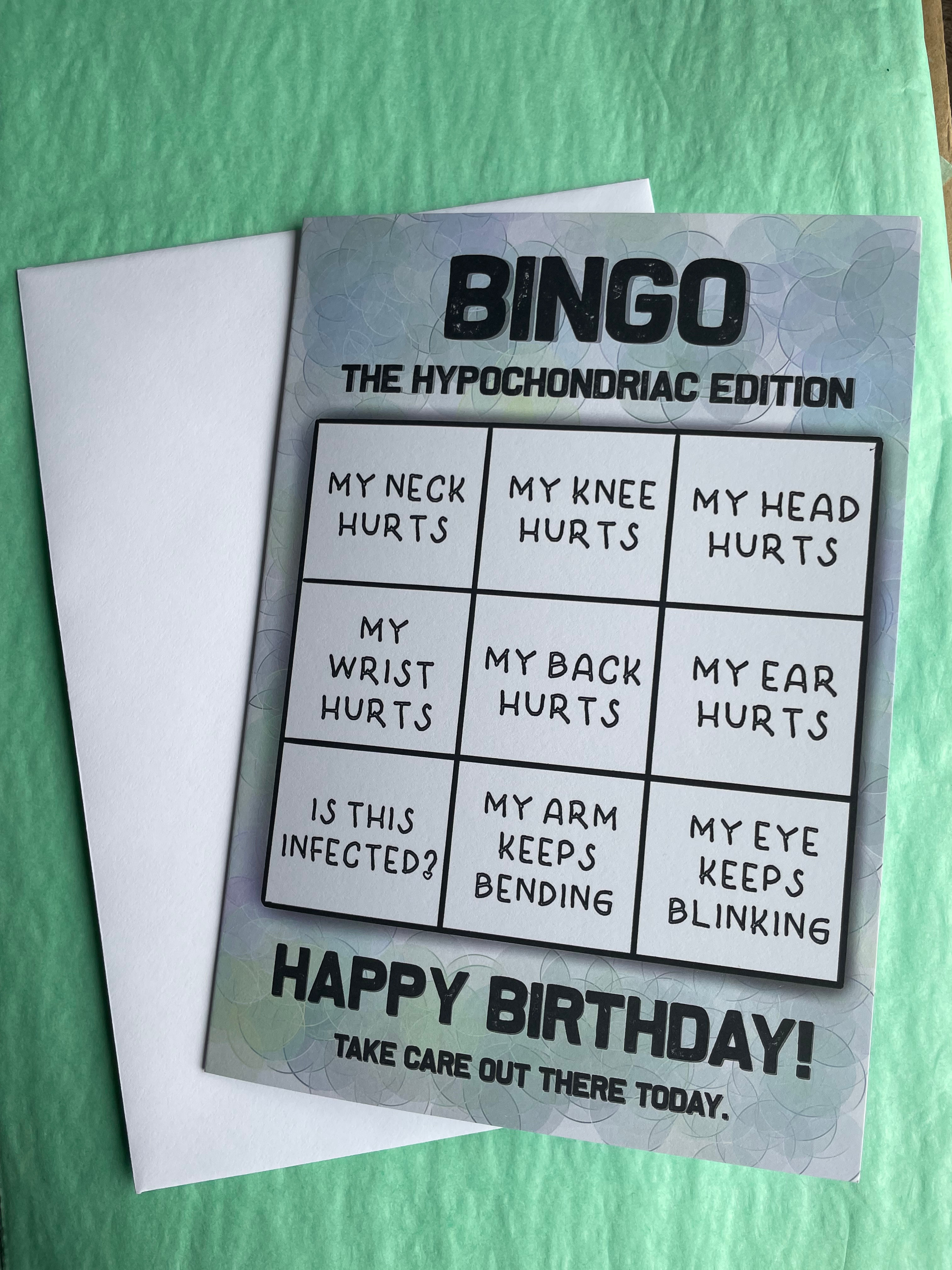 Hypochondriac bingo funny happy birthday rude card take care knee neck hurts ailment funny