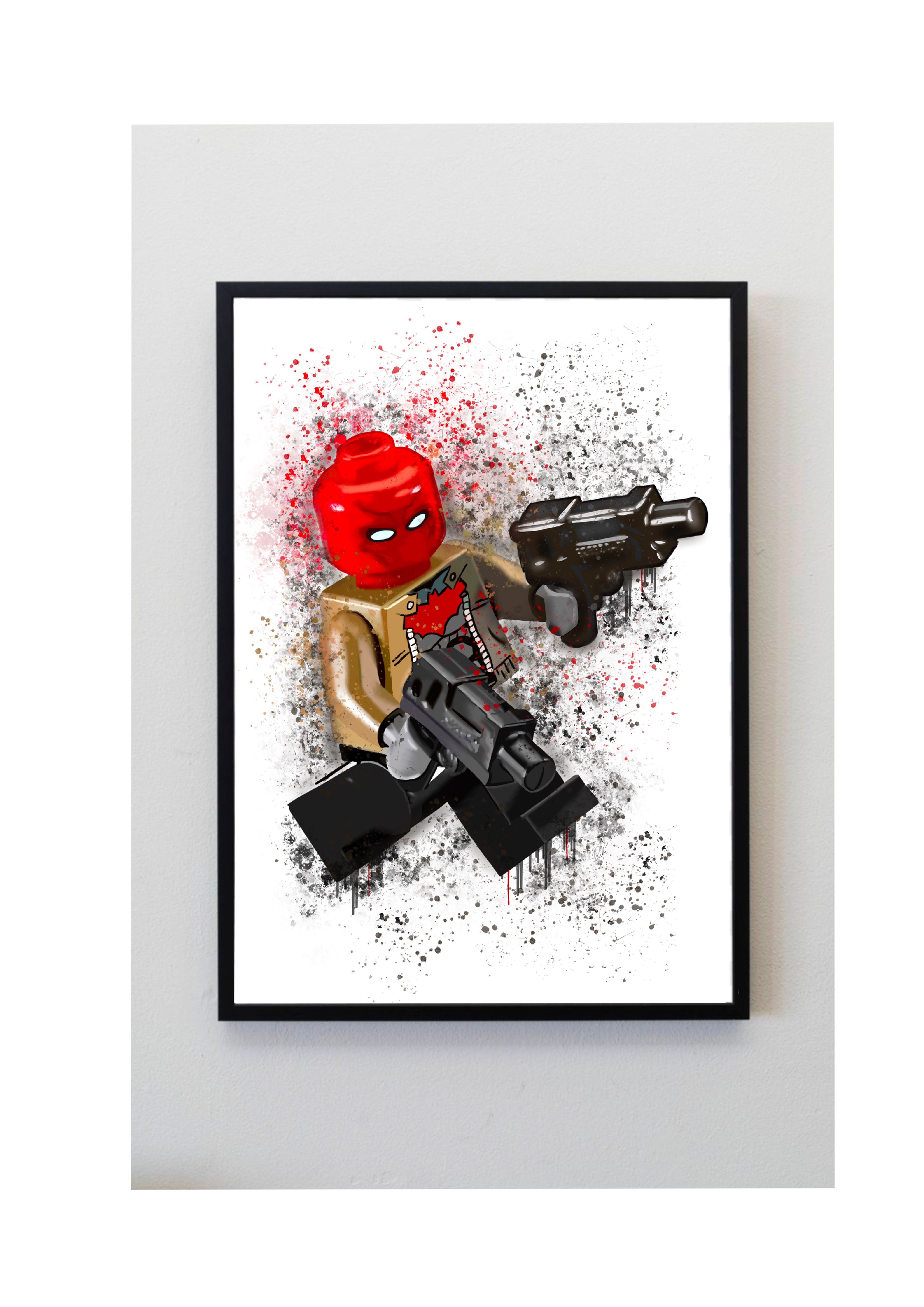 red, gun, lego, redhood, hood, villain, batman, splatter, print, bedroom, playroom, splatter, art, print, gift, boys, girls