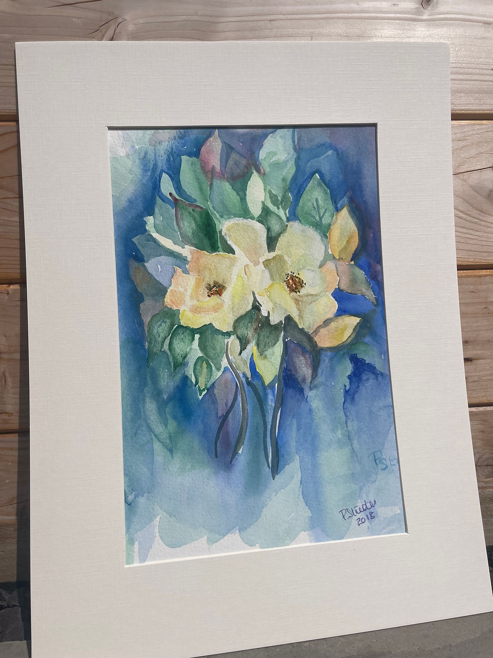 original, blue, yellow, flower, watercolour, wall painting