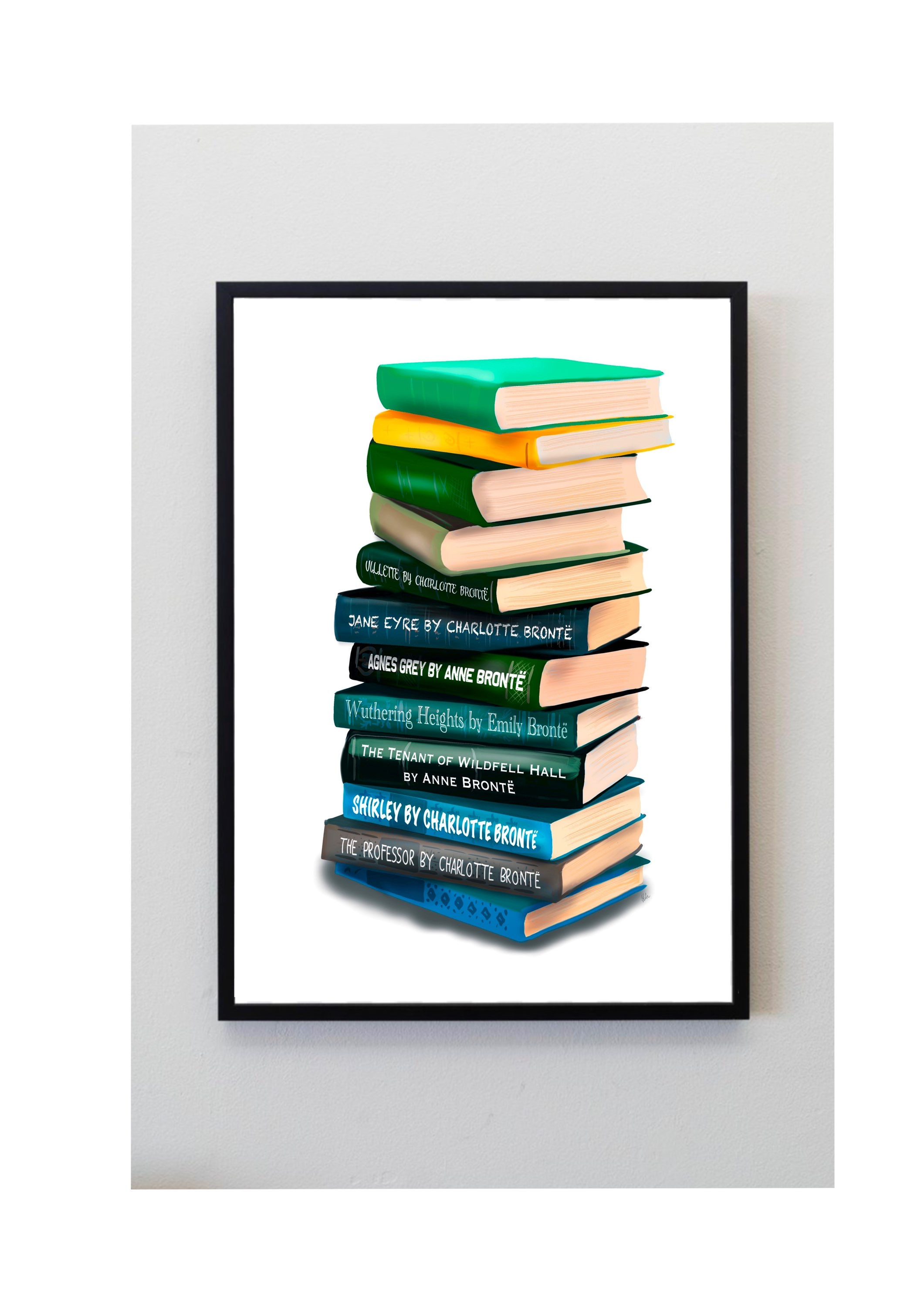 bronte, sisters, books, pile, print, art, wall, decor, booklover, unique, christmas, gift, home, wuthering heights, jane eyre