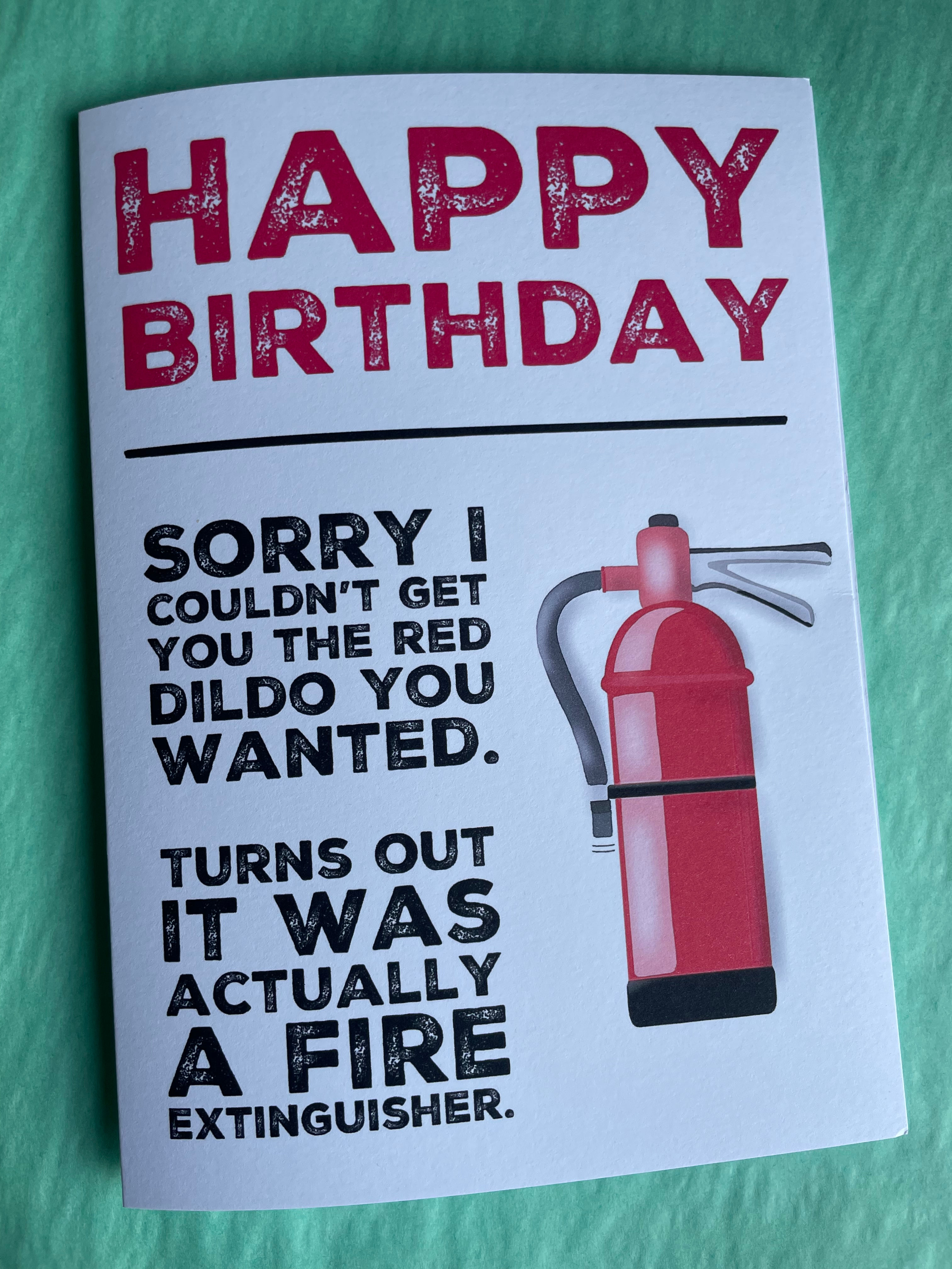 funny, birthday, card, dildo, extinguisher, fire, sarcastic, rude, red, for her,