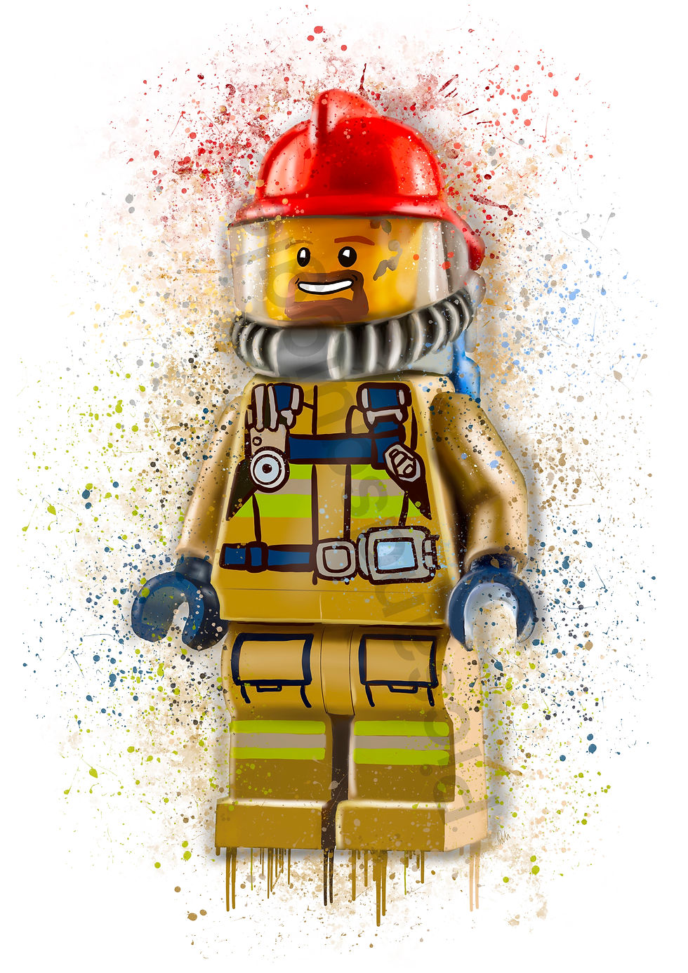 Thumbnail: Yellow, Lego, fireman, city, gifts for boys, emergency services, minifigure, splatter, art, print, poster
