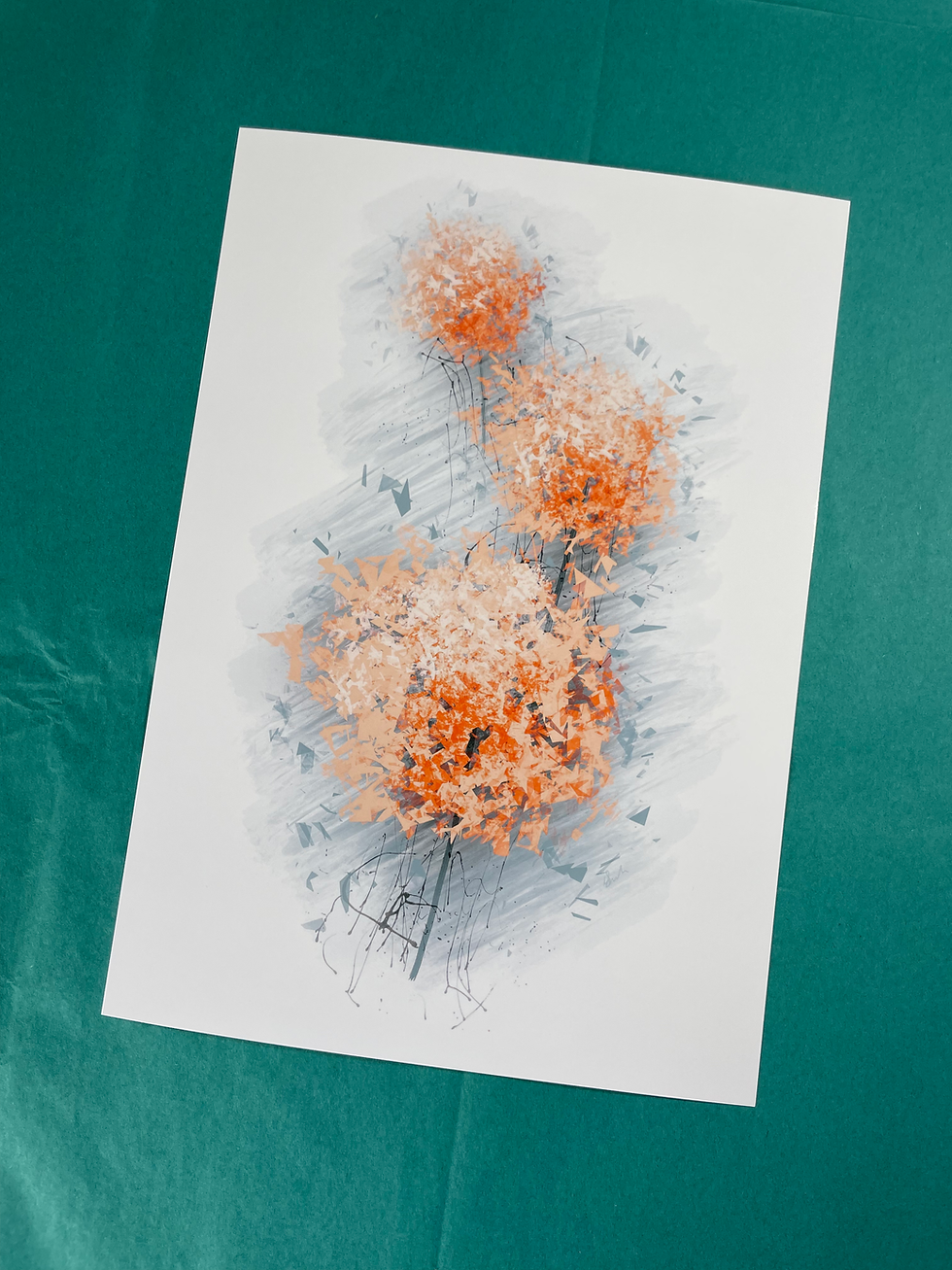 Thumbnail: orange, peach, grey, flower, dandelion, artwork, painting, splatter, print, art, decor, home, gift, contemporary,  cottage,