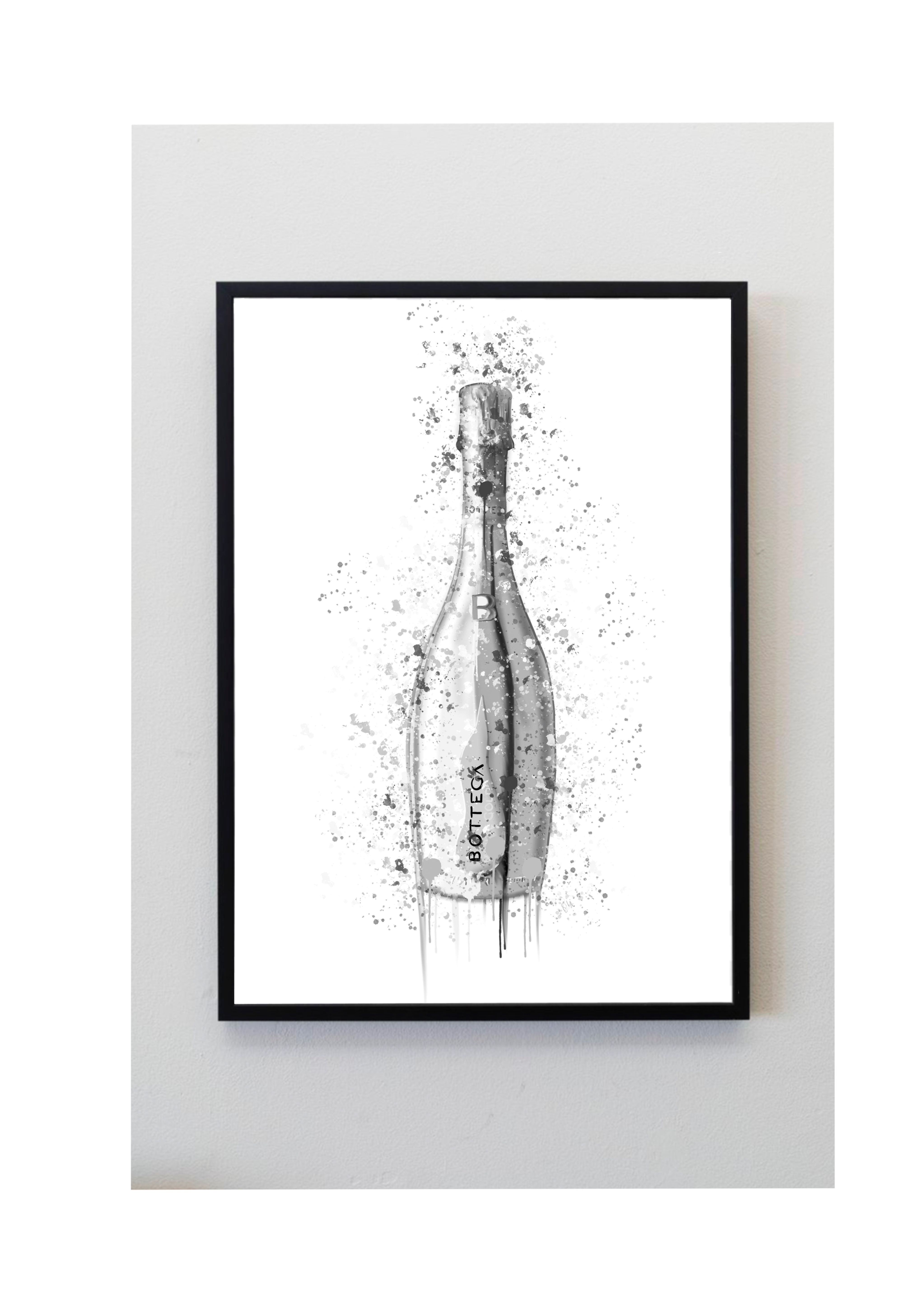 Silver, grey, bottega, Prosecco, fizz, bubbly, home, bar, kitchen, dining, splatter, art, print, bottle, grey, black, white,