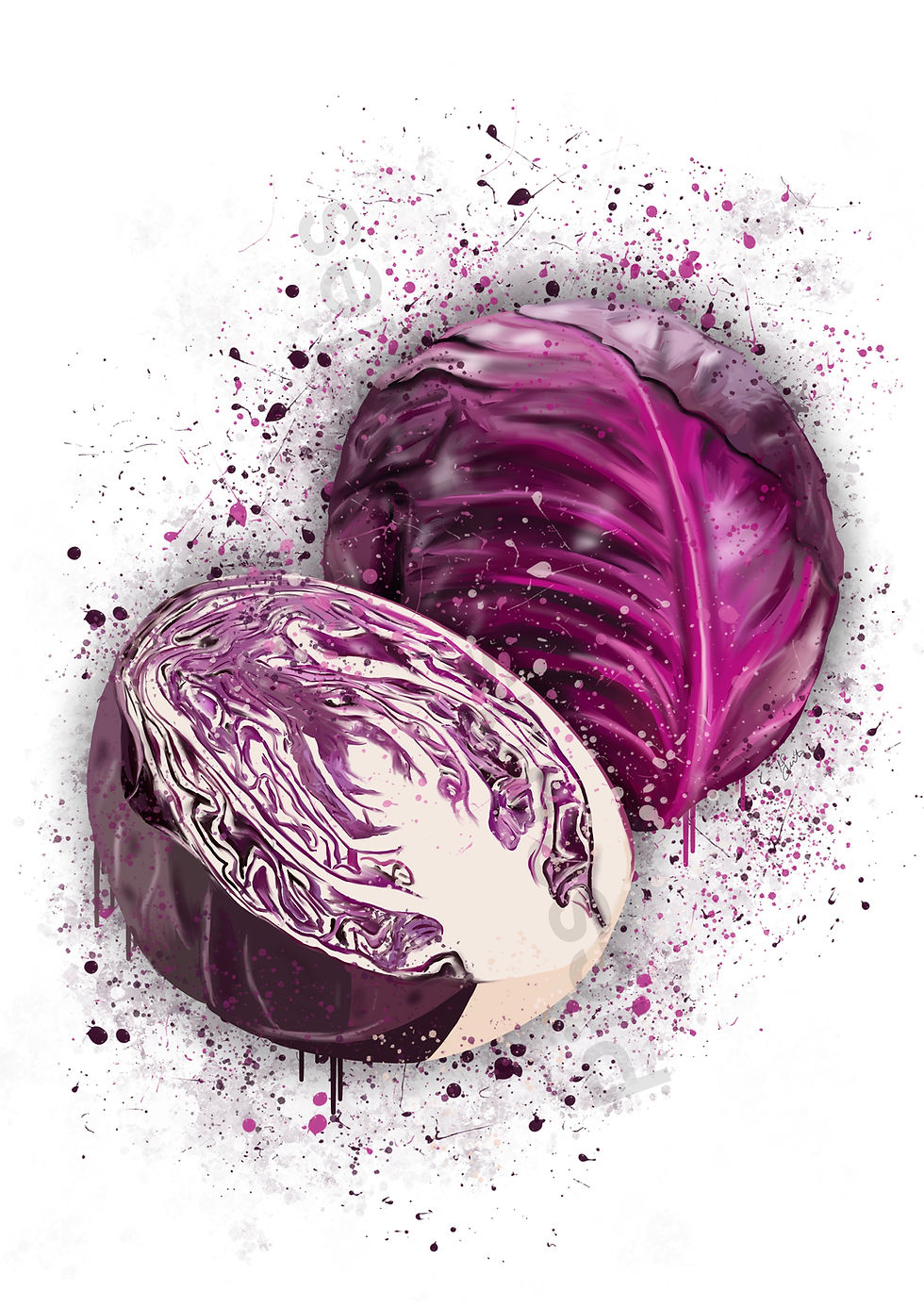 Thumbnail: Cabbage, purple, vegetable, kitchen, dining, red, splatter, print, art, poster, decor