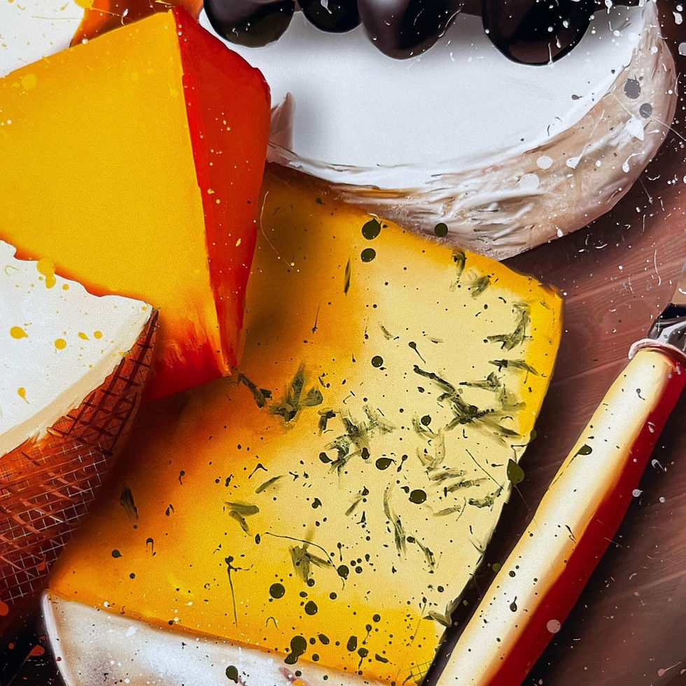 Thumbnail: Cheeseboard, food, cheese, platter, knife, grapes, wine, gift, her, art, print, splatter, poster, kitchen, yellow, orange