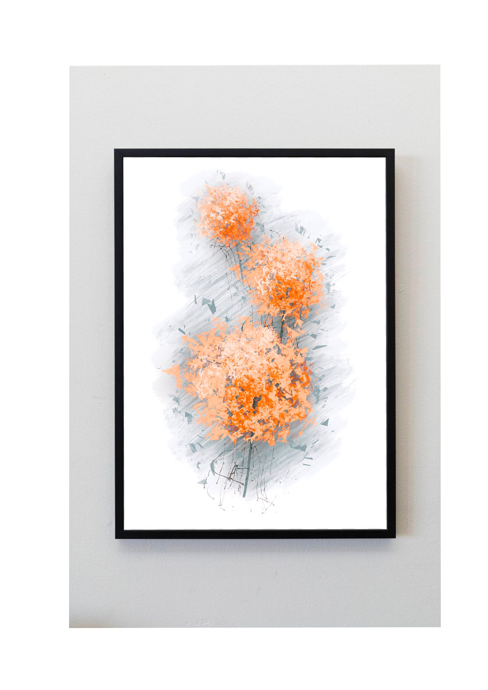 orange, peach, grey, flower, dandelion, artwork, painting, splatter, print, art, decor, home, gift, contemporary,  cottage,