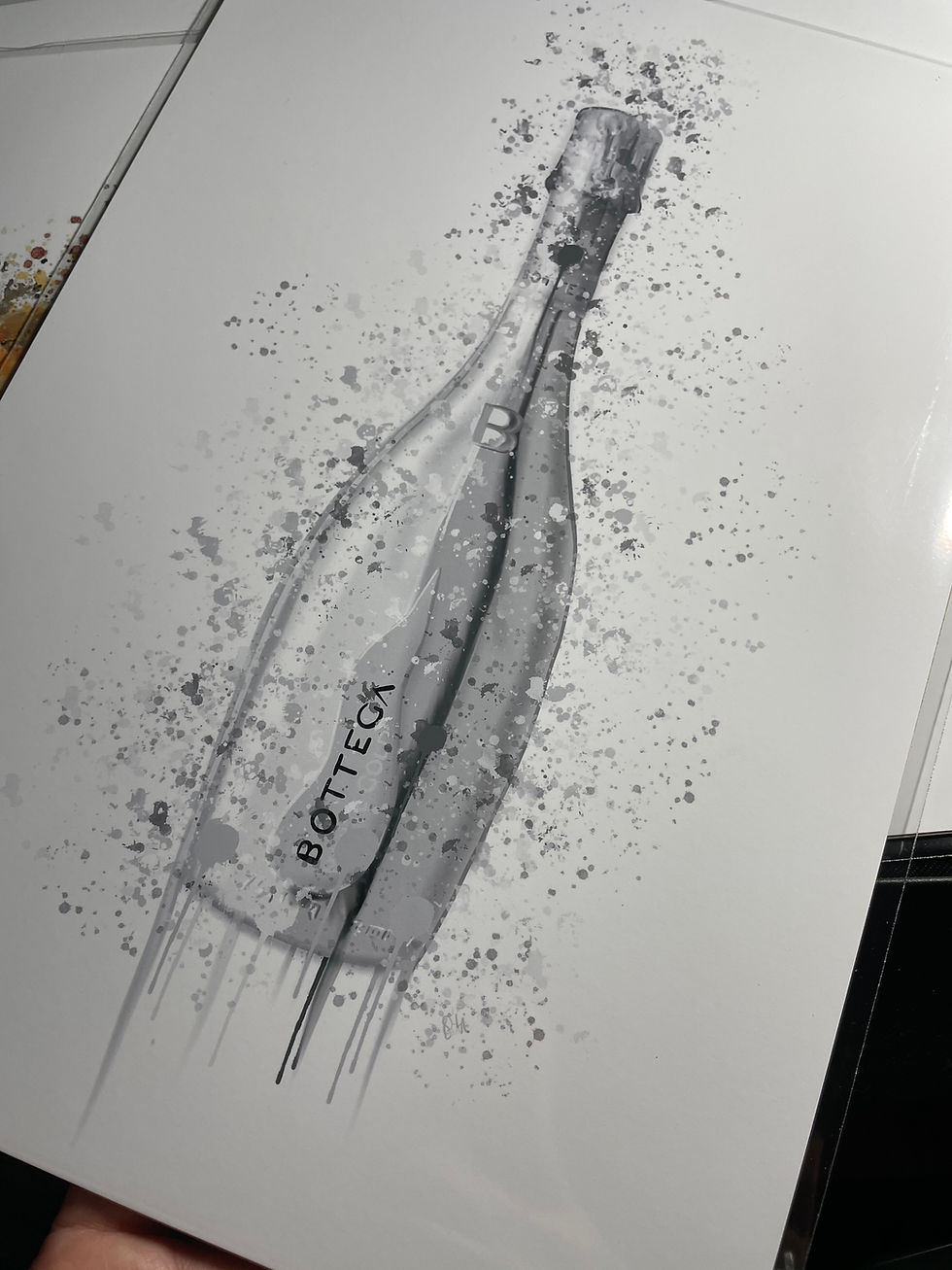 Silver, grey, bottega, Prosecco, fizz, bubbly, home, bar, kitchen, dining, splatter, art, print, bottle, grey, black, white,