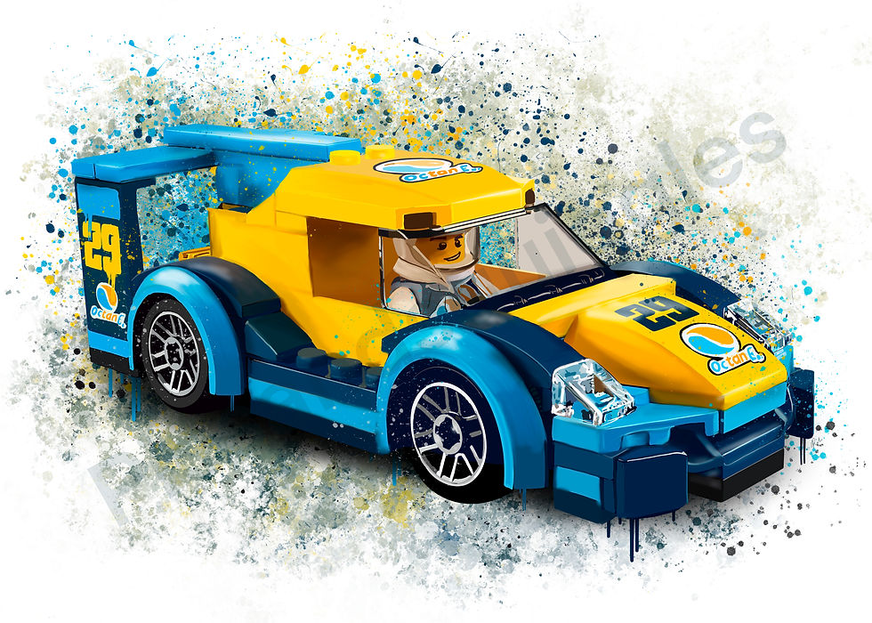 Thumbnail: Blue, lego, racing, car, yellow, octane, boys, bedroom, splatter, print, poster, christmas