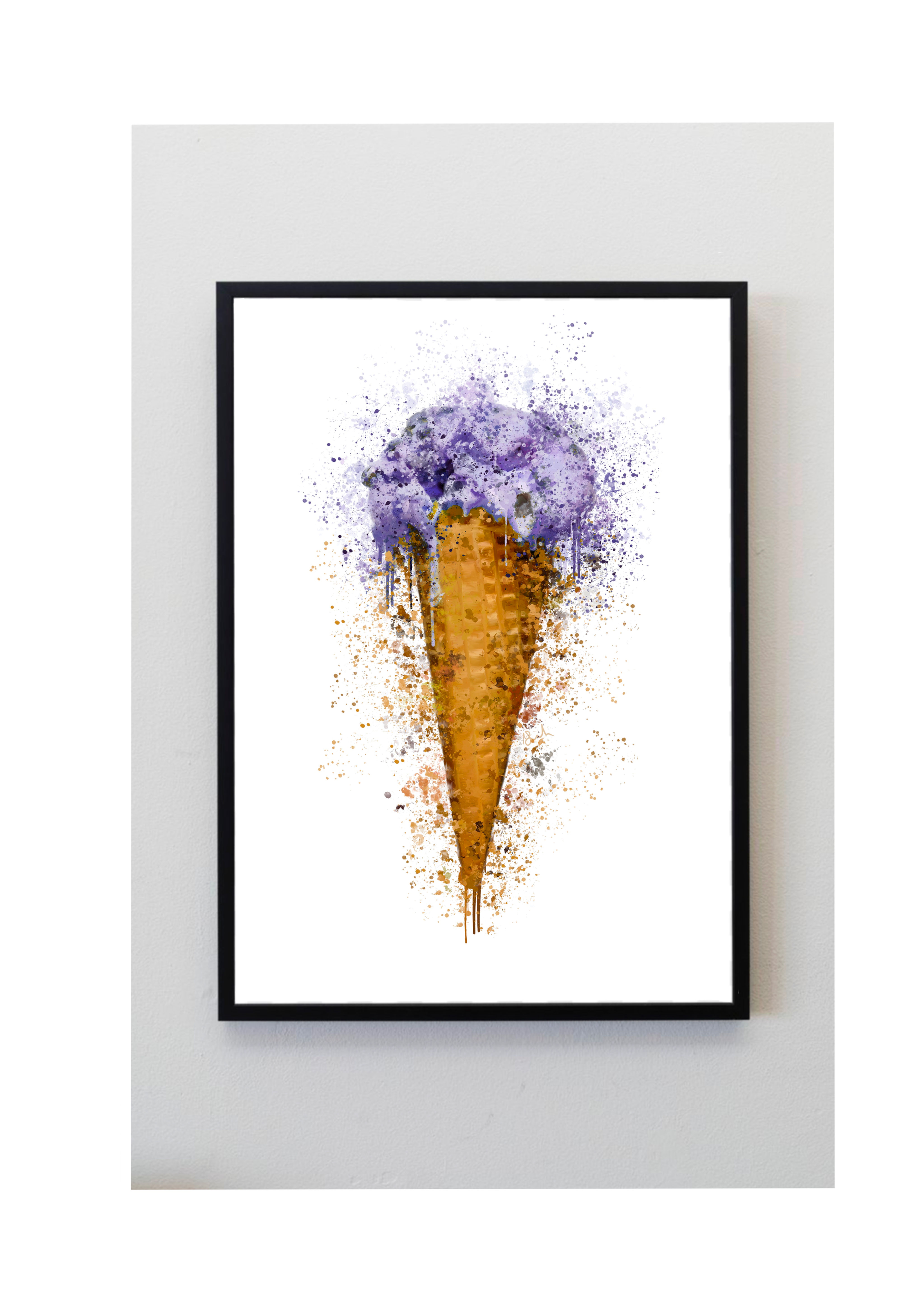 pastel, purple, ice, cream, cone, summer, artwork, art, splatter, painting, print,  wall, poster, shop, decor, home, food