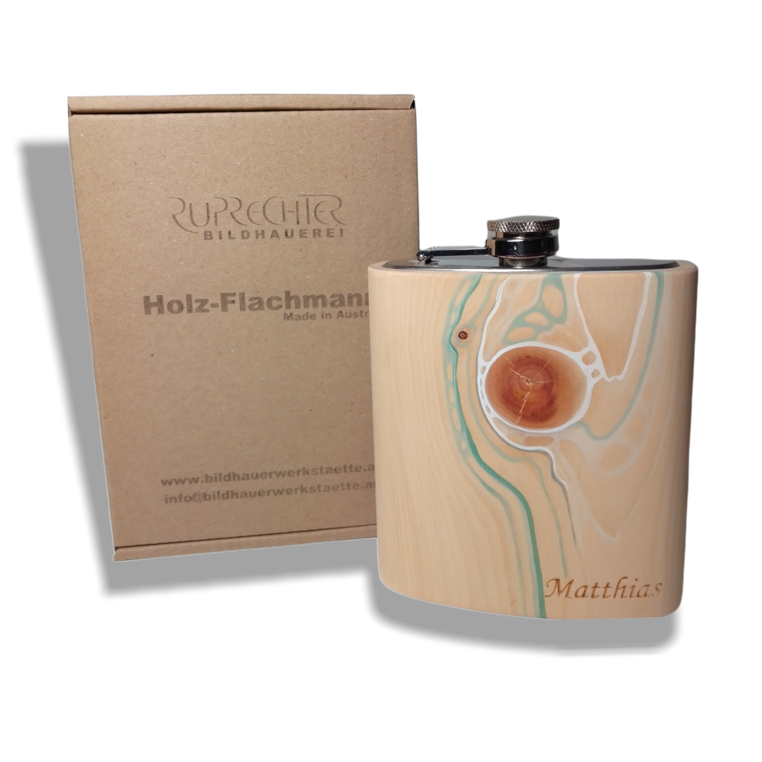 HolzFlachmann aus Zirbe "Natures Flow" mit oder ohne Namensgravur
