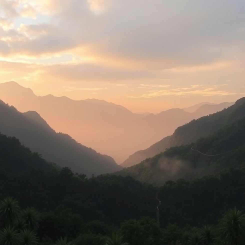Sunrise over misty mountains with soft peach and blue hues. Lush green valleys below create a serene and tranquil atmosphere.