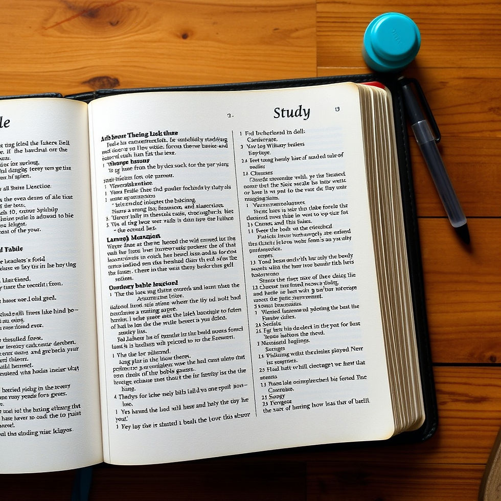 Open book on a wooden table, featuring text with headers "Study." A blue cap and pen are placed on the right. Warm, cozy ambiance.