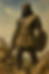 A towering warrior in a desert, holding a sword and shield, faces two smaller figures. Rocky terrain and a blue sky set the dramatic scene.