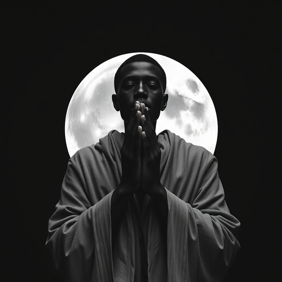 A person in a robe prays under a full moon, hands pressed together. The serene, monochrome setting adds a mystical atmosphere.