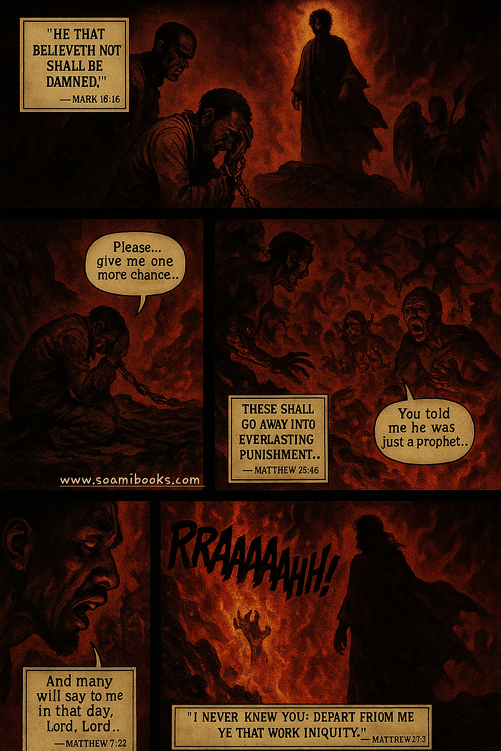 Biblical scene: figures in flames pleading, a radiant figure stands above. Text: "He that believeth not shall be damned," and Bible verses.