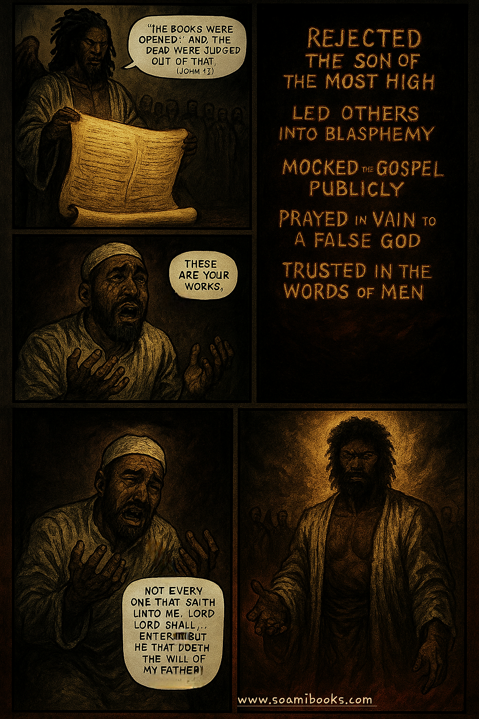 A man holds a scroll, surrounded by an ethereal glow. Text about judgment and actions is displayed; another man appears distressed.