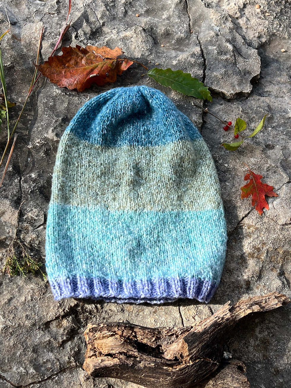Striped hat pictured on rocks with leaves
