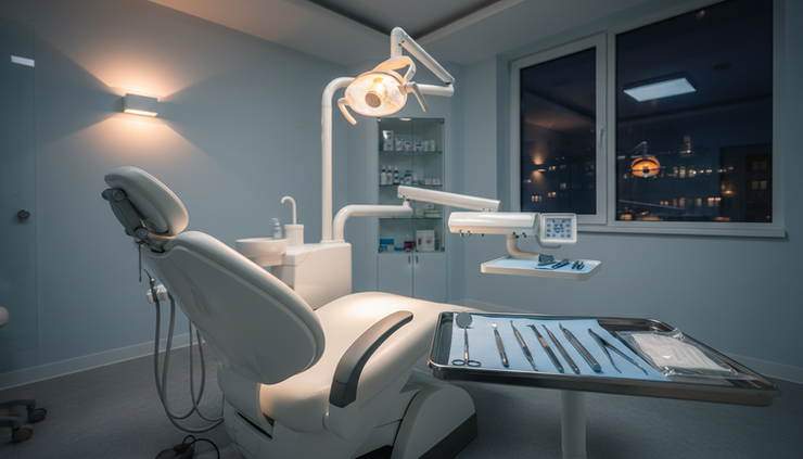 Close-up of a dental chair prepared for an emergency patient at night
