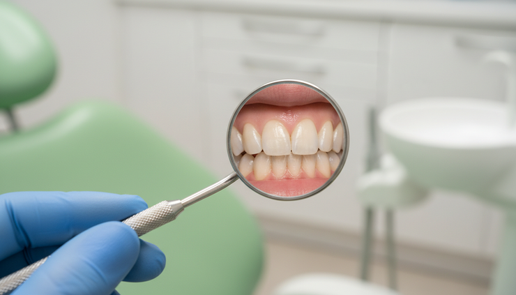 Eye-level view of a dental mirror checking clean front teeth