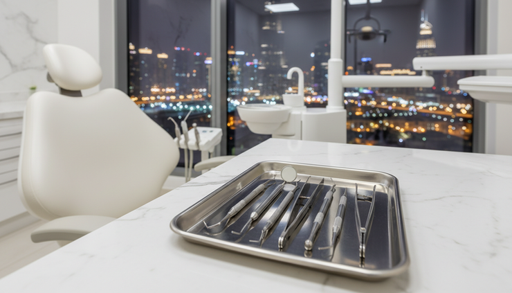 Close-up of dental tools prepared beside a treatment chair for urgent care