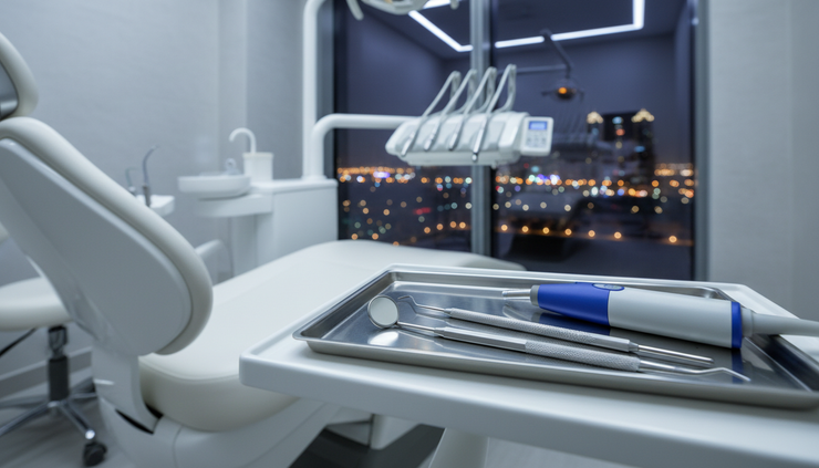 Eye-level view of dental instruments prepared for a night treatment