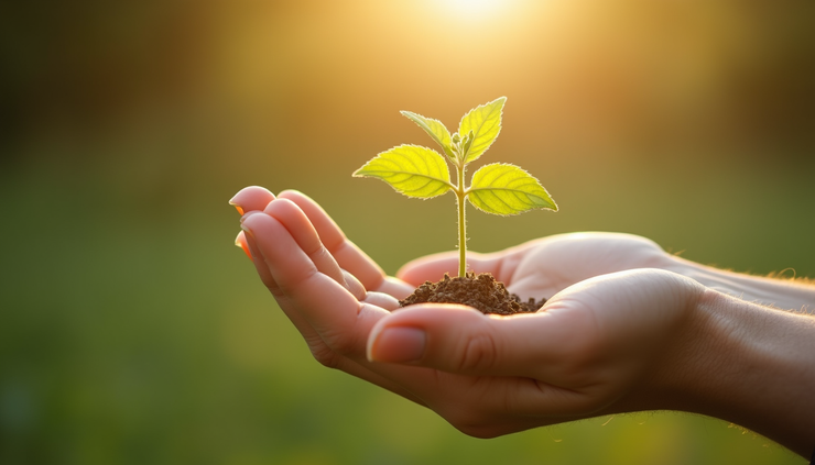 Close-up van een open hand die een klein plantje vasthoudt in zonlicht