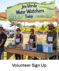 Volunteers at a “Join Verde Water Watchers” booth engaging the public at a local outdoor event.