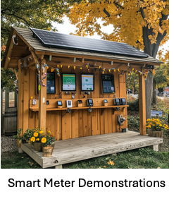 Wooden kiosk with solar panels and educational displays about water and energy conservation.