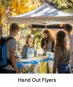 Students gather at an outdoor information booth under a canopy during a community outreach event.